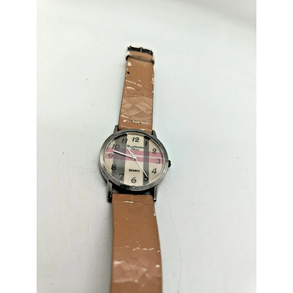 Marcel Drucker Watch Plaid Dial Quartz Brown Band Needs Battery